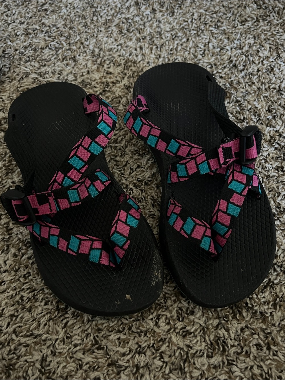 Chaco Women's Black Sandals with Pink and Teal Patterned Straps